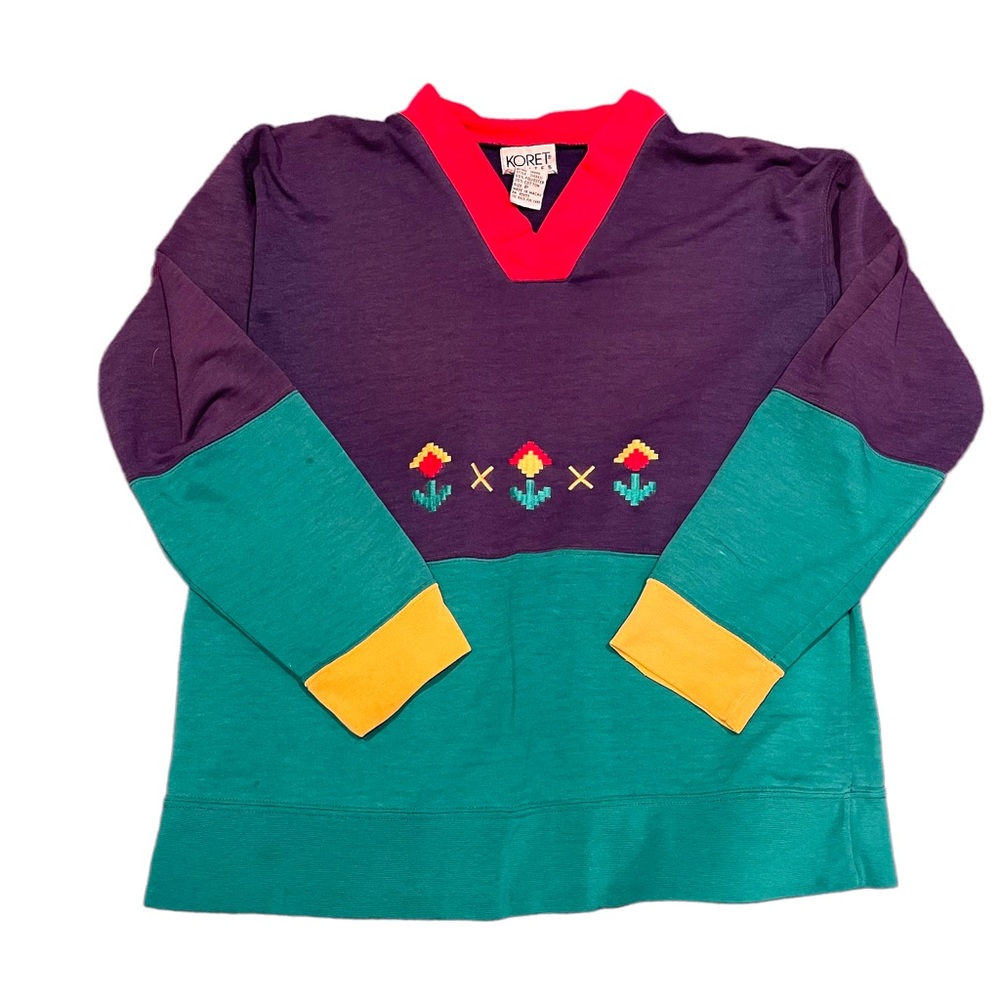 Vintage Embroidered Pixel Flowers Color Block Top